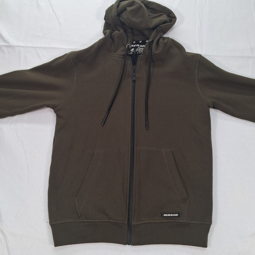 Xray Jeans Hoodie Mens Medium Soft Touch Fleece Olive Green Full Zip EUC